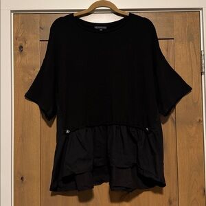 Adrianna Papell Black Mixed Media Shirt Top Womens XL Toggle Peplum Lagenlook